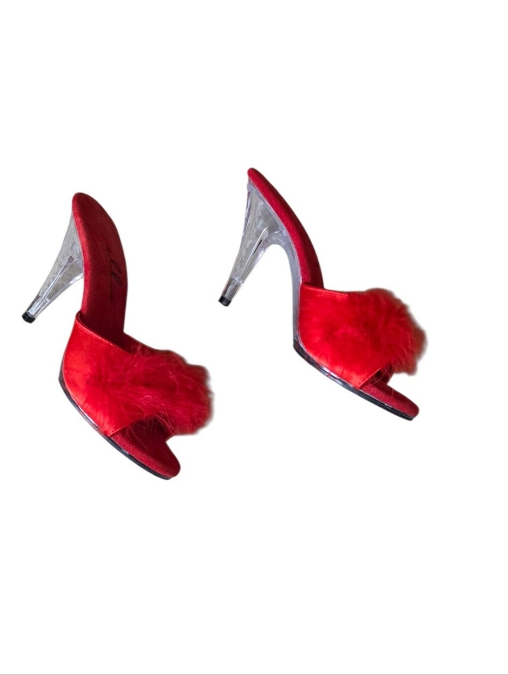 Ellie Shoes Red Marabou Feather Clear Heel Boudoir Mules Y2K Size 7 - Picture 3 of 11